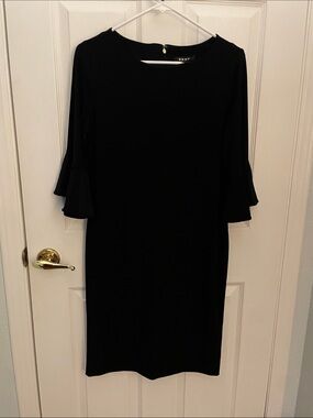DKNY Black Long-Sleeve Sheath Dress with Ruffle Cuffs, size 10